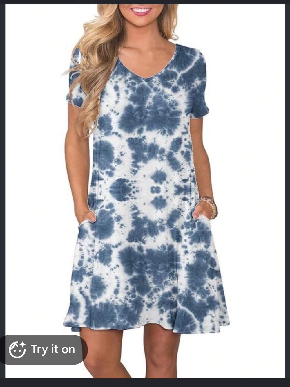 Casual Blue Tie-Dye V-Neck Short Sleeve Dress